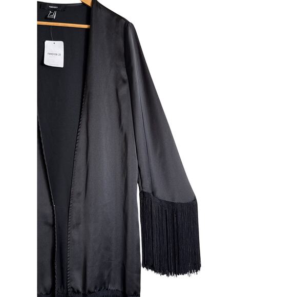 Forever 21 Women’s Fringe Trim Satin Kimono Cardigan Black, New With Tags Size M - Picture 3 of 8